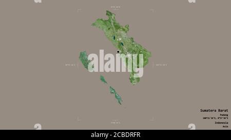 Area of Sumatera Barat, province of Indonesia, isolated on a solid background in a georeferenced bounding box. Labels. Satellite imagery. 3D rendering Stock Photo