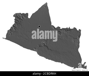 Shape of Yogyakarta, special region of Indonesia, with its capital isolated on white background. Bilevel elevation map. 3D rendering Stock Photo