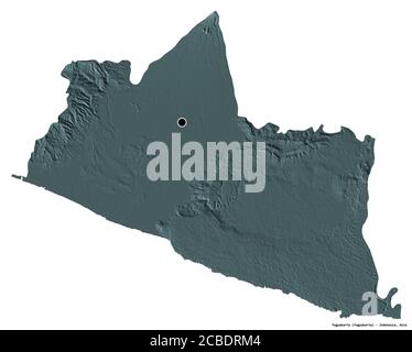 Shape of Yogyakarta, special region of Indonesia, with its capital isolated on white background. Colored elevation map. 3D rendering Stock Photo