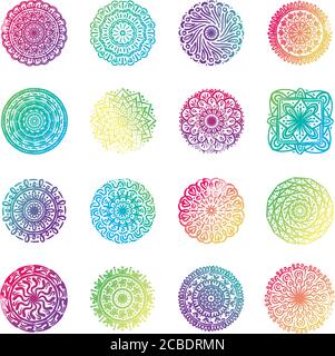 bundle of sixteen colorfull mandalas set icons vector illustration design Stock Vector