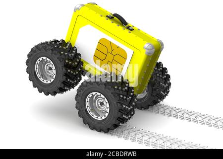 SIM-card for travel. Yellow suitcase on wheels and SIM card on the side. 3D illustration Stock Photo