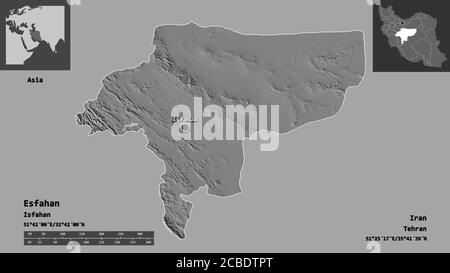 Shape of Esfahan, province of Iran, and its capital. Distance scale, previews and labels. Bilevel elevation map. 3D rendering Stock Photo