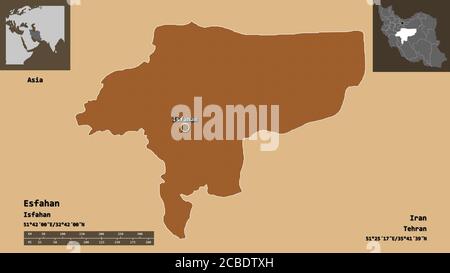 Shape of Esfahan, province of Iran, and its capital. Distance scale, previews and labels. Composition of patterned textures. 3D rendering Stock Photo