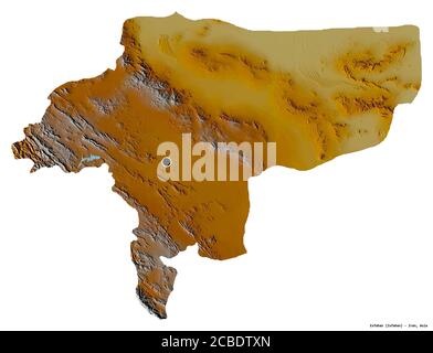 Shape of Esfahan, province of Iran, with its capital isolated on white background. Topographic relief map. 3D rendering Stock Photo