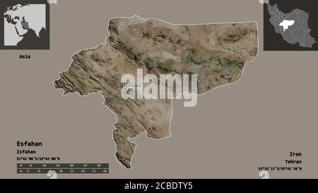 Shape of Esfahan, province of Iran, and its capital. Distance scale, previews and labels. Satellite imagery. 3D rendering Stock Photo