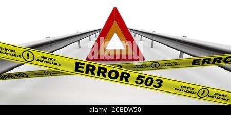 Emergency stop sign of a vehicle on the carriageway and yellow warning tapes with black text: ERROR 503. Service unavailable. 3D Illustration Stock Photo