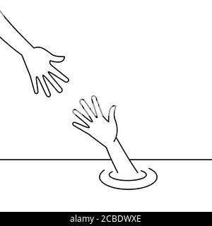 Helping hand. Saving lives concept. Support, care, hope concept. Hand reach to another drowning person hand. Suicide prevention. Black outline. Vector Stock Vector