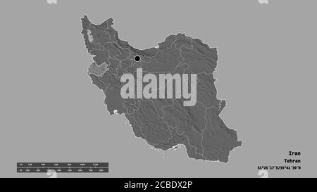 Desaturated shape of Iran with its capital, main regional division and the separated Kermanshah area. Labels. Bilevel elevation map. 3D rendering Stock Photo