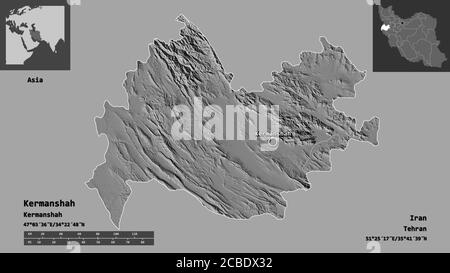 Shape of Kermanshah, province of Iran, and its capital. Distance scale, previews and labels. Bilevel elevation map. 3D rendering Stock Photo