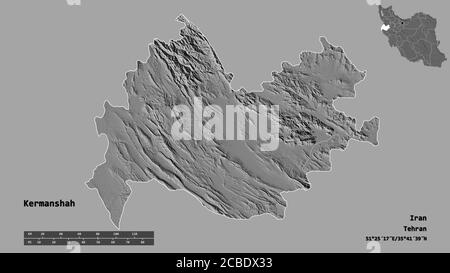 Shape of Kermanshah, province of Iran, with its capital isolated on solid background. Distance scale, region preview and labels. Bilevel elevation map Stock Photo