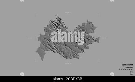 Area of Kermanshah, province of Iran, isolated on a solid background in a georeferenced bounding box. Labels. Bilevel elevation map. 3D rendering Stock Photo