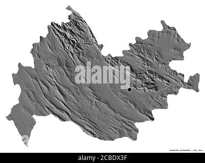 Shape of Kermanshah, province of Iran, with its capital isolated on white background. Bilevel elevation map. 3D rendering Stock Photo