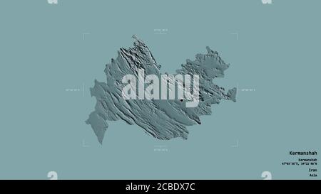 Area of Kermanshah, province of Iran, isolated on a solid background in a georeferenced bounding box. Labels. Colored elevation map. 3D rendering Stock Photo