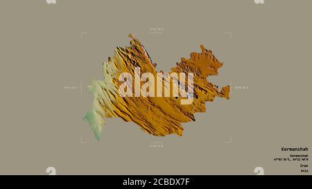 Area of Kermanshah, province of Iran, isolated on a solid background in a georeferenced bounding box. Labels. Topographic relief map. 3D rendering Stock Photo