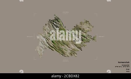 Area of Kermanshah, province of Iran, isolated on a solid background in a georeferenced bounding box. Labels. Satellite imagery. 3D rendering Stock Photo