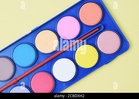 Watercolor paints set with brush Stock Photo