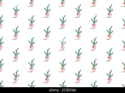 Cactus on a pot seamless pattern. Minimal nature botanical texture. For all your design, fabric, wrapper repeat, graphic design, textile tileable. Stock Vector