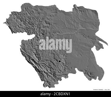 Shape of Kordestan, province of Iran, with its capital isolated on white background. Bilevel elevation map. 3D rendering Stock Photo