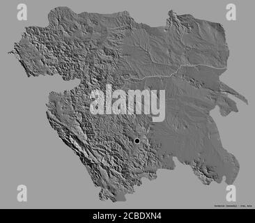 Shape of Kordestan, province of Iran, with its capital isolated on a solid color background. Bilevel elevation map. 3D rendering Stock Photo