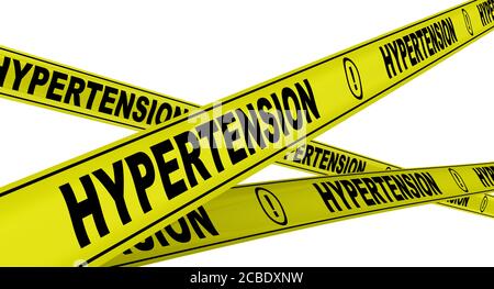 Hypertension. Yellow warning tapes with black words HYPERTENSION (elevated blood pressure). Isolated. 3D illustration Stock Photo