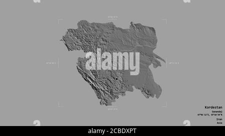 Area of Kordestan, province of Iran, isolated on a solid background in a georeferenced bounding box. Labels. Bilevel elevation map. 3D rendering Stock Photo