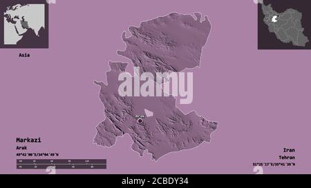 Shape of Markazi province of Iran and its capital. Distance