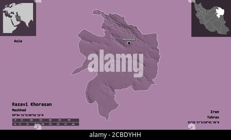 Shape of Razavi Khorasan, province of Iran, and its capital. Distance scale, previews and labels. Colored elevation map. 3D rendering Stock Photo