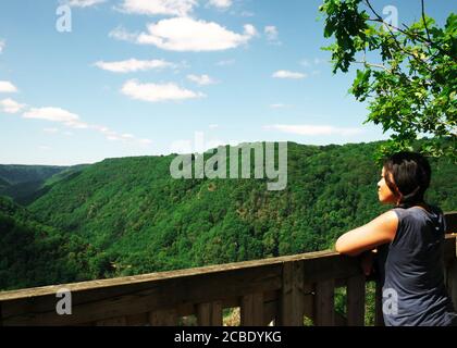 An Afro-Asian woman seen from behind is admiring the mountain scenery. During the holidays, tourists like to take a break to admire the natural landsc Stock Photo