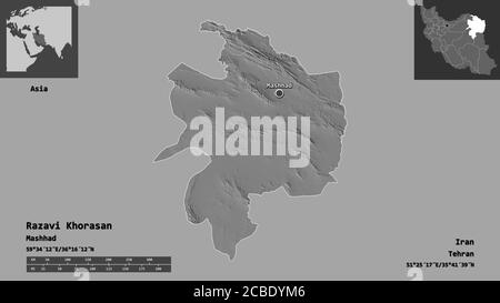 Shape of Razavi Khorasan, province of Iran, and its capital. Distance scale, previews and labels. Bilevel elevation map. 3D rendering Stock Photo