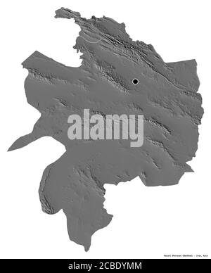 Shape of Razavi Khorasan, province of Iran, with its capital isolated on white background. Bilevel elevation map. 3D rendering Stock Photo