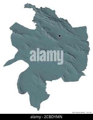 Shape of Razavi Khorasan, province of Iran, with its capital isolated on white background. Colored elevation map. 3D rendering Stock Photo