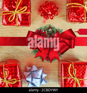 Top view of Christmas ornaments and gift boxes on a wooden table Stock Photo