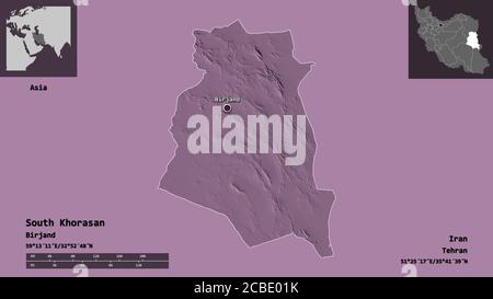 Shape of South Khorasan, province of Iran, and its capital. Distance scale, previews and labels. Colored elevation map. 3D rendering Stock Photo