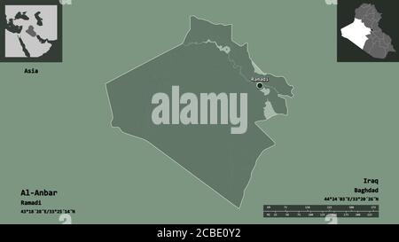 Shape of Al-Anbar, province of Iraq, and its capital. Distance scale, previews and labels. Colored elevation map. 3D rendering Stock Photo