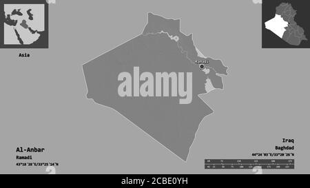 Shape of Al-Anbar, province of Iraq, and its capital. Distance scale, previews and labels. Bilevel elevation map. 3D rendering Stock Photo