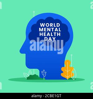 World mental health day concept poster background. Human brain with text in head vector illustration. Nature leaf ornament modern style graphic design Stock Vector