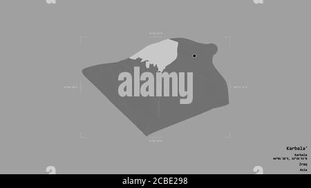 Area of Karbala', province of Iraq, isolated on a solid background in a georeferenced bounding box. Labels. Bilevel elevation map. 3D rendering Stock Photo