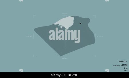 Area of Karbala', province of Iraq, isolated on a solid background in a georeferenced bounding box. Labels. Colored elevation map. 3D rendering Stock Photo