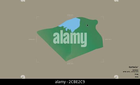 Area of Karbala', province of Iraq, isolated on a solid background in a georeferenced bounding box. Labels. Topographic relief map. 3D rendering Stock Photo