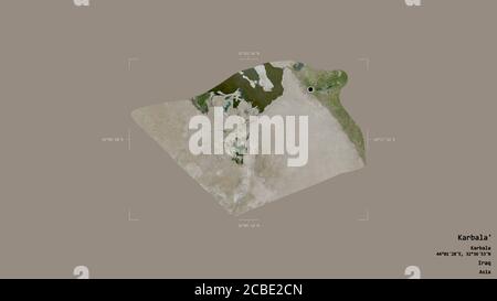 Area of Karbala', province of Iraq, isolated on a solid background in a georeferenced bounding box. Labels. Satellite imagery. 3D rendering Stock Photo