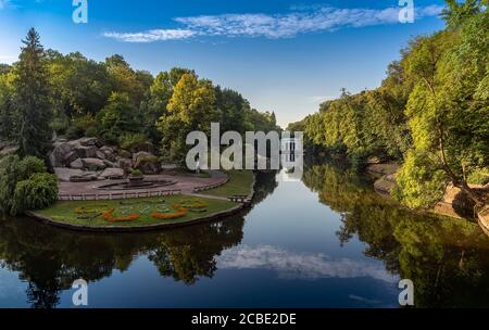 Panoramic view of the pond Ionian sea, Flora Pavilion and Assembly square in the park Sofiyivka, Uman, Ukraine Stock Photo