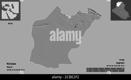 Shape of Ninawa, province of Iraq, and its capital. Distance scale, previews and labels. Bilevel elevation map. 3D rendering Stock Photo