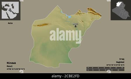 Shape of Ninawa, province of Iraq, and its capital. Distance scale, previews and labels. Topographic relief map. 3D rendering Stock Photo