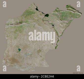 Shape of Ninawa, province of Iraq, with its capital isolated on a solid color background. Satellite imagery. 3D rendering Stock Photo