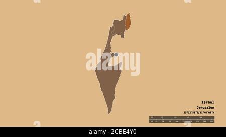 Desaturated shape of Israel with its capital, main regional division and the separated Golan area. Labels. Composition of patterned textures. 3D rende Stock Photo