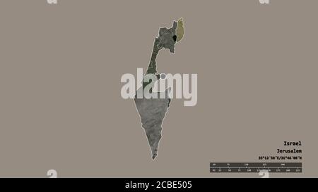 Desaturated shape of Israel with its capital, main regional division and the separated Golan area. Labels. Satellite imagery. 3D rendering Stock Photo