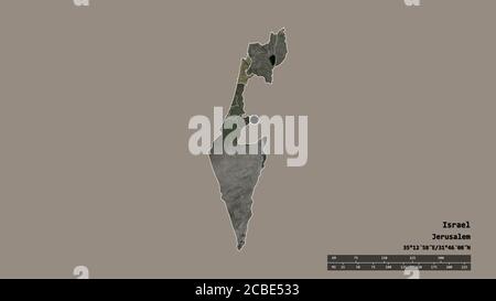 Desaturated shape of Israel with its capital, main regional division and the separated Haifa area. Labels. Satellite imagery. 3D rendering Stock Photo