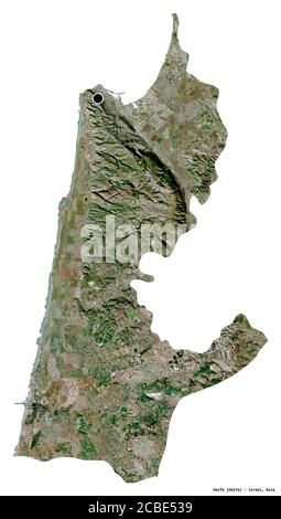 Shape of Haifa, district of Israel, with its capital isolated on white background. Satellite imagery. 3D rendering Stock Photo