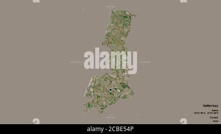 Area of HaMerkaz, district of Israel, isolated on a solid background in a georeferenced bounding box. Labels. Satellite imagery. 3D rendering Stock Photo