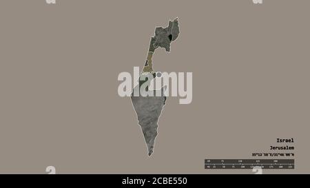 Desaturated shape of Israel with its capital, main regional division and the separated HaMerkaz area. Labels. Satellite imagery. 3D rendering Stock Photo